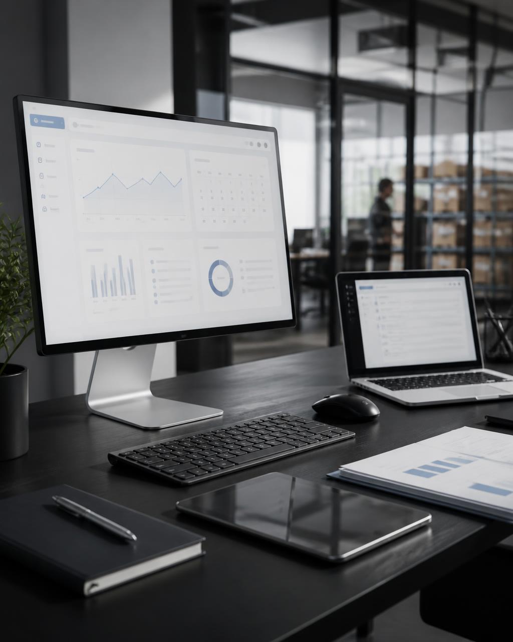 Moderner Arbeitsplatz mit digitaler Unternehmensorganisation in einem mittelständischen Betrieb